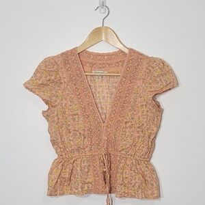 American Eagle 100% Cotton Coquette Orange Floral Cropped Button Blouse XSmall
